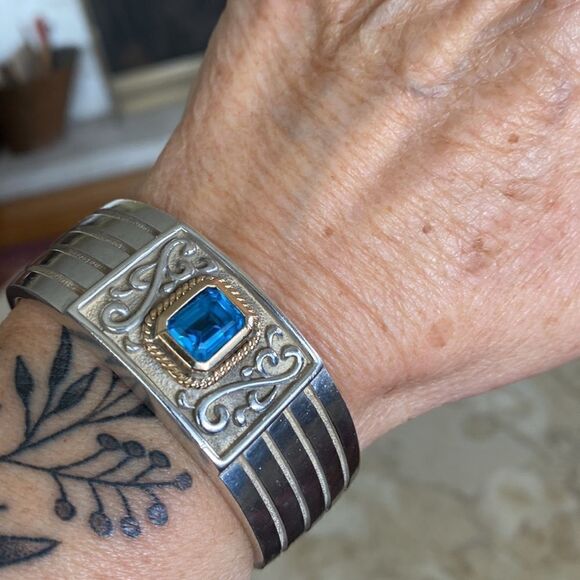 14K & Sterling Silver Wide Cuff Blue Topaz 57g - Picture 3 of 8